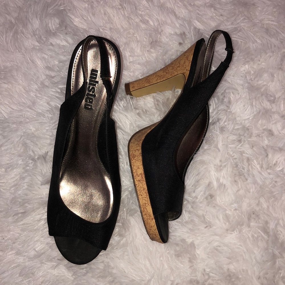 Black fabric heels with cork heel
